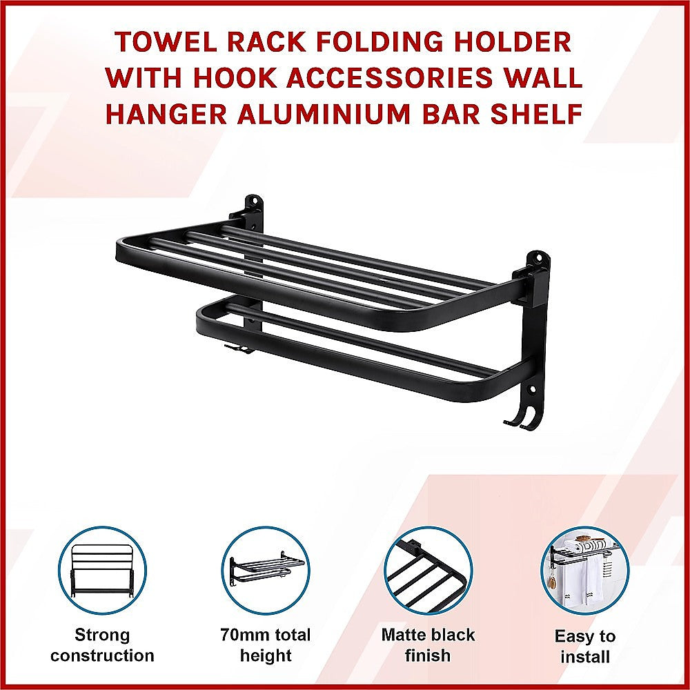 Towel Rack Folding Holder with Hook Accessories Wall Hanger Aluminium Bar Shelf 3