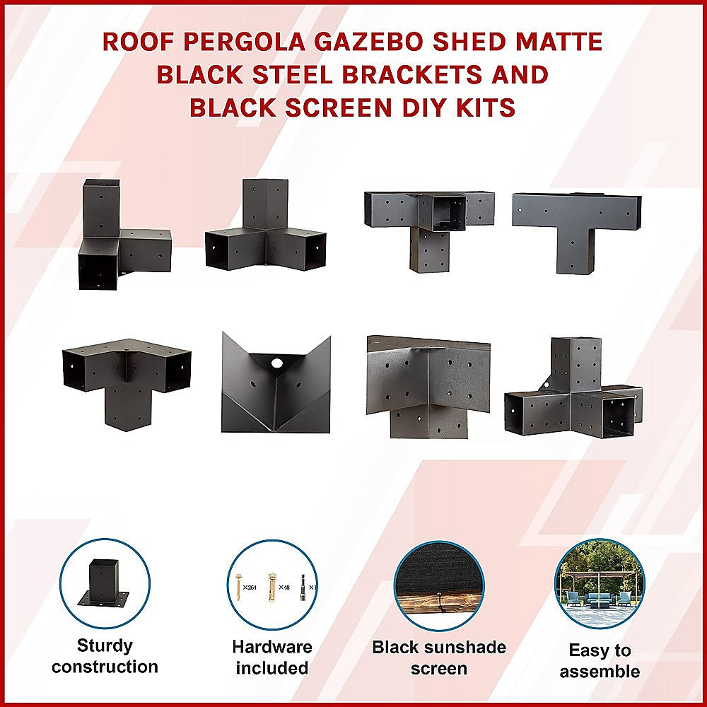 Roof Pergola Gazebo Shed Matte Black Steel Brackets and Black Screen DIY Kits 3