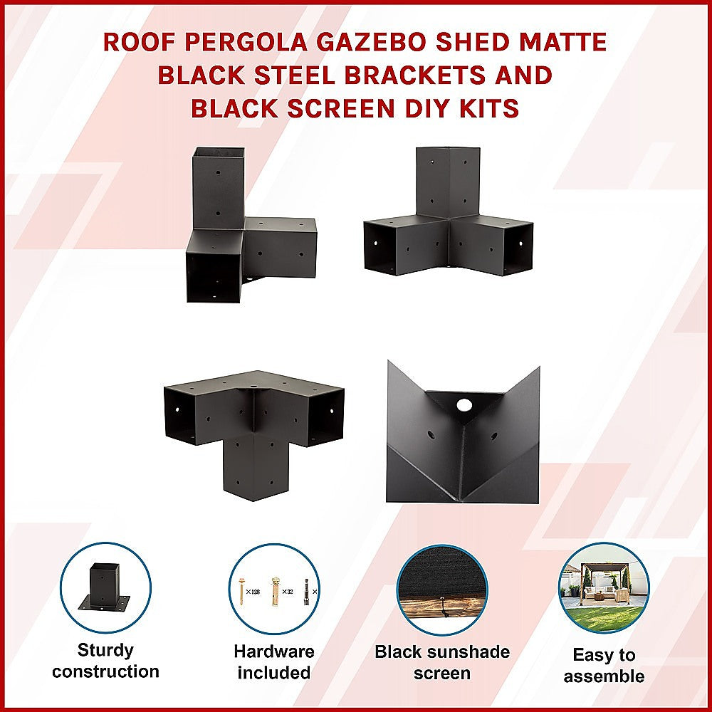 Roof Pergola Gazebo Shed Matte Black Steel Brackets and Black Screen DIY Kits 3