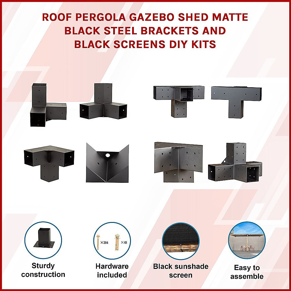 Roof Pergola Gazebo Shed Matte Black Steel Brackets and Black Screens DIY Kits 3