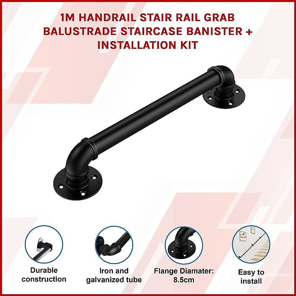 1m Handrail Stair Rail Grab Balustrade Staircase Banister + Installation Kit 3
