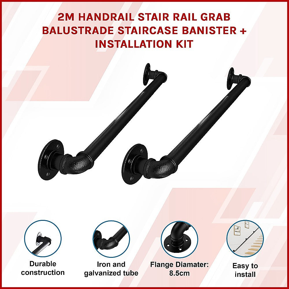 2m Handrail Stair Rail Grab Balustrade Staircase Banister + Installation Kit 3