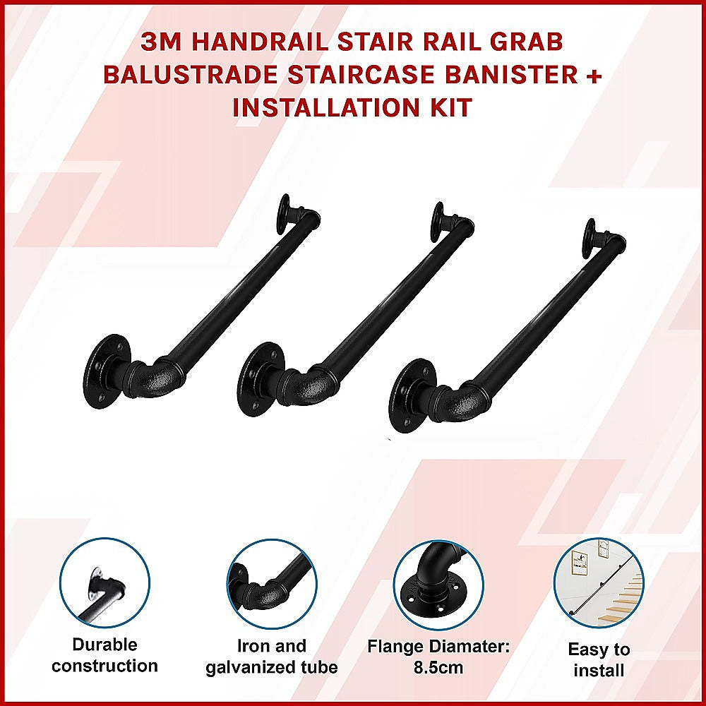 3m Handrail Stair Rail Grab Balustrade Staircase Banister + Installation Kit 3
