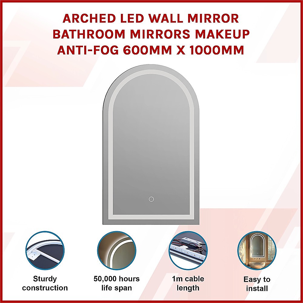 Arched LED Wall Mirror Bathroom Mirrors Makeup Anti-fog 600mm x 1000mm 3