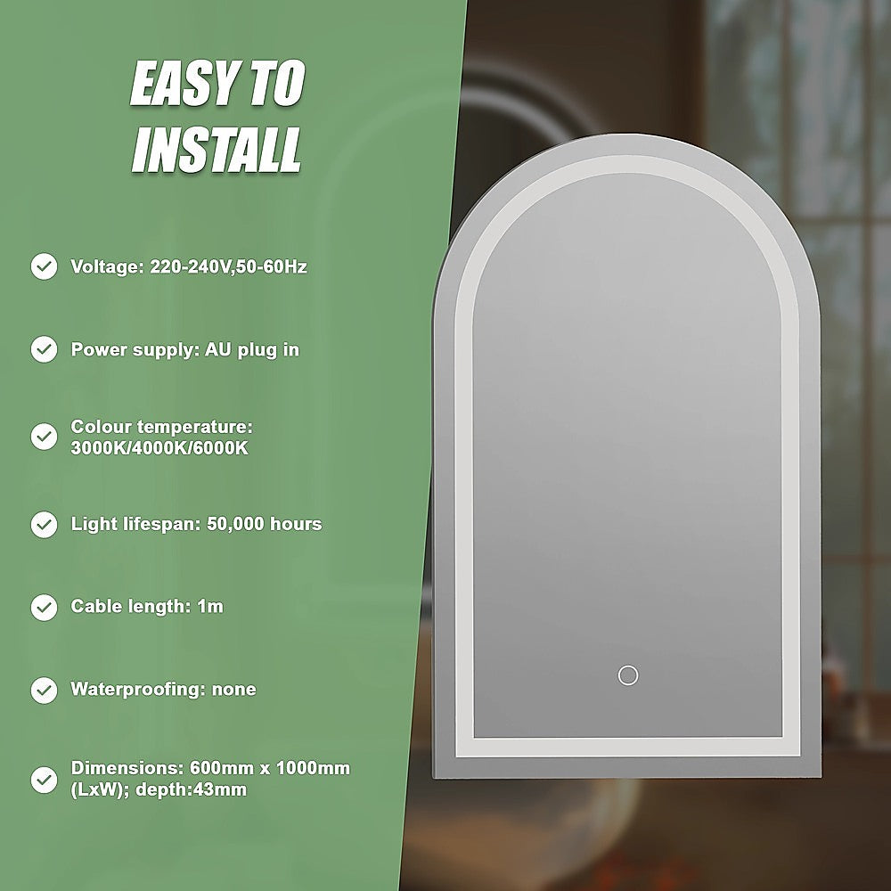 Arched LED Wall Mirror Bathroom Mirrors Makeup Anti-fog 600mm x 1000mm 11