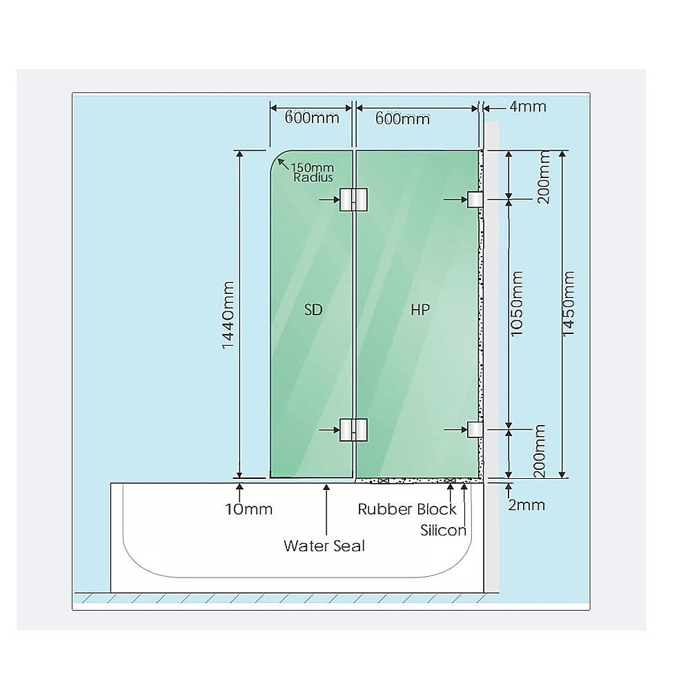 120cm Frameless Glass Bath Screen with Channel and Stainless Steel Hinges- Gold 3
