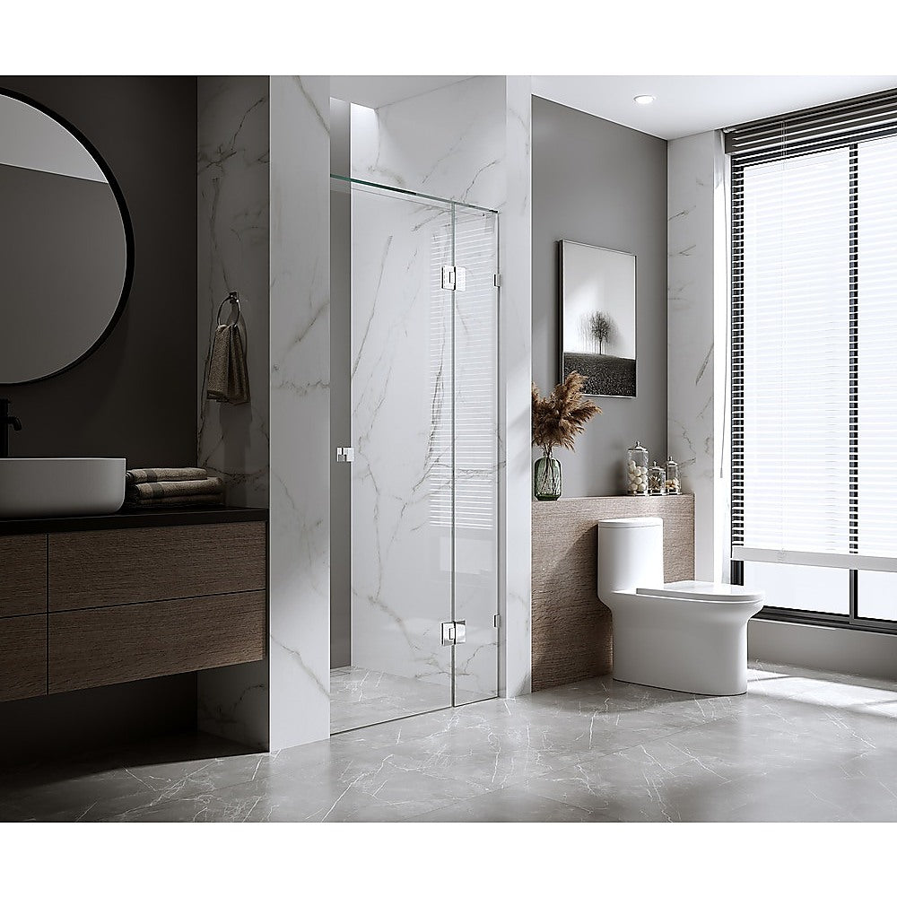 100cm Wall to Wall Frameless Shower Screen with White Brackets and Brass Hinges, Round Knob Handle