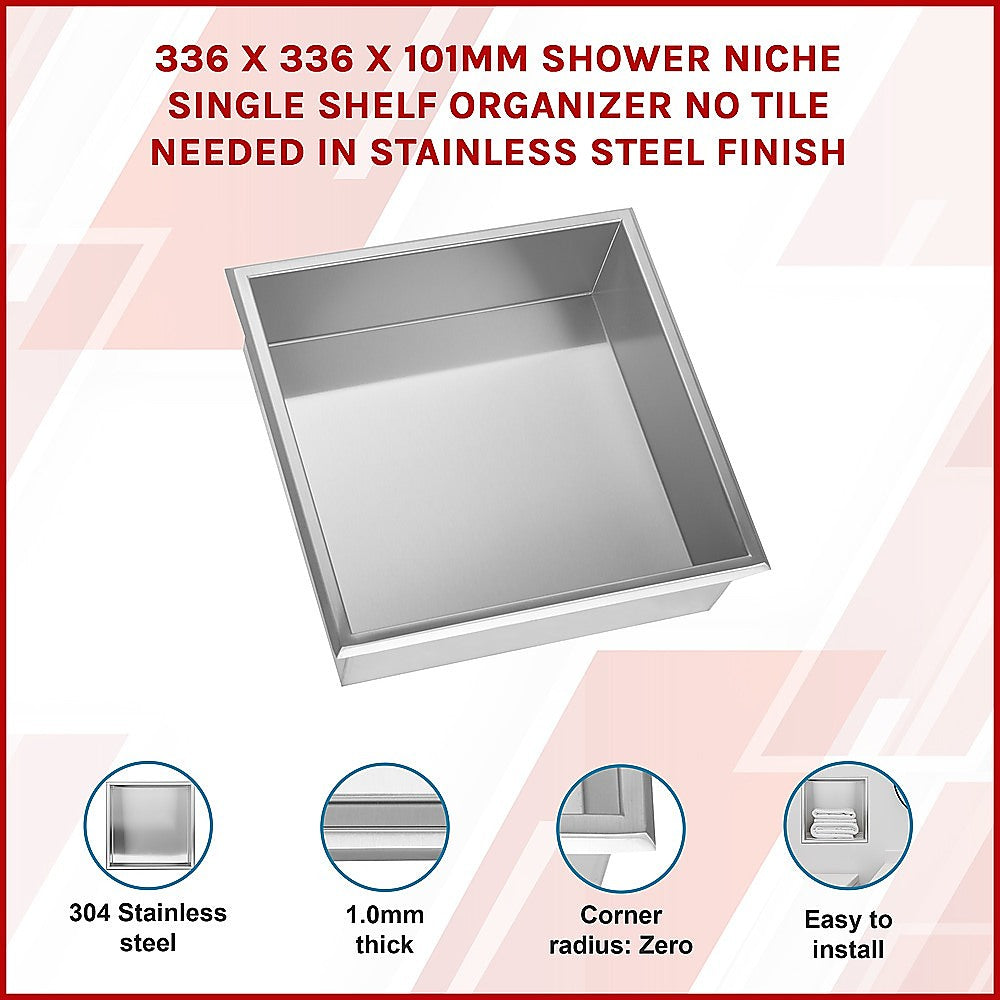 336 x 336 x 101mm Shower Niche Single Shelf Organizer No Tile Needed in Stainless Steel Finish 3