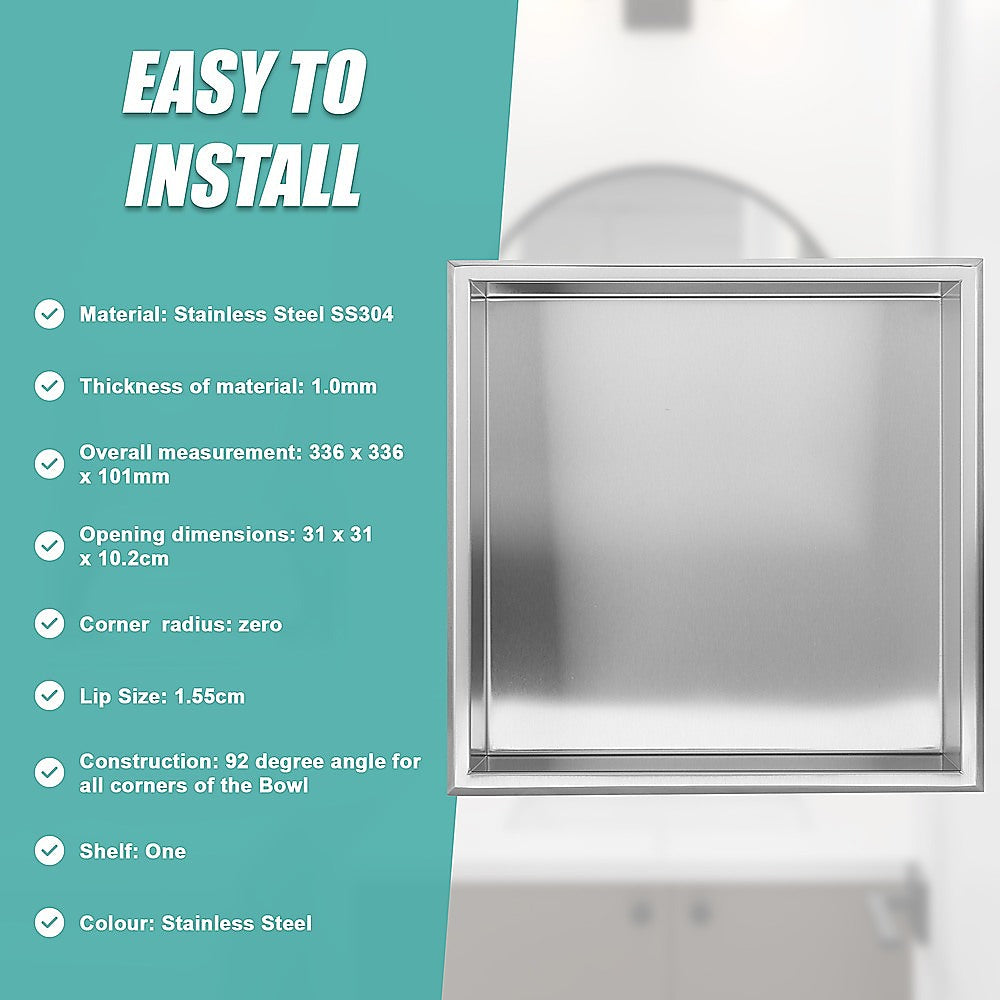 336 x 336 x 101mm Shower Niche Single Shelf Organizer No Tile Needed in Stainless Steel Finish 9