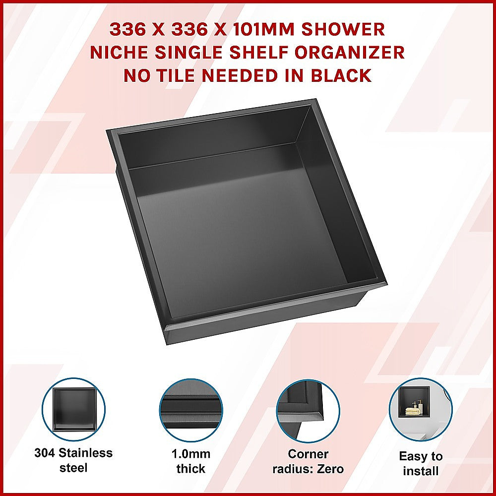 336 x 336 x 101mm Shower Niche Single Shelf Organizer No Tile Needed in Black 3
