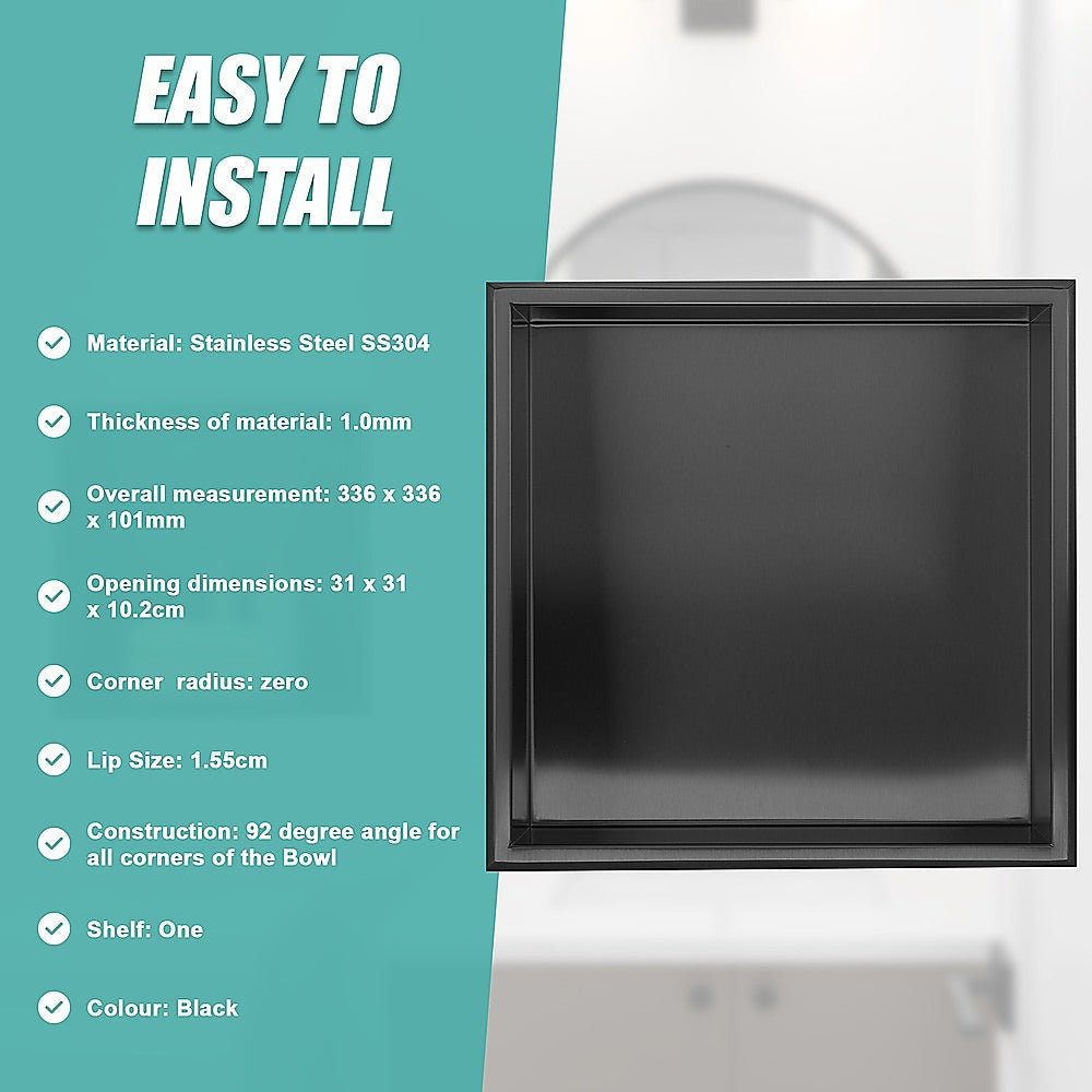 336 x 336 x 101mm Shower Niche Single Shelf Organizer No Tile Needed in Black 9