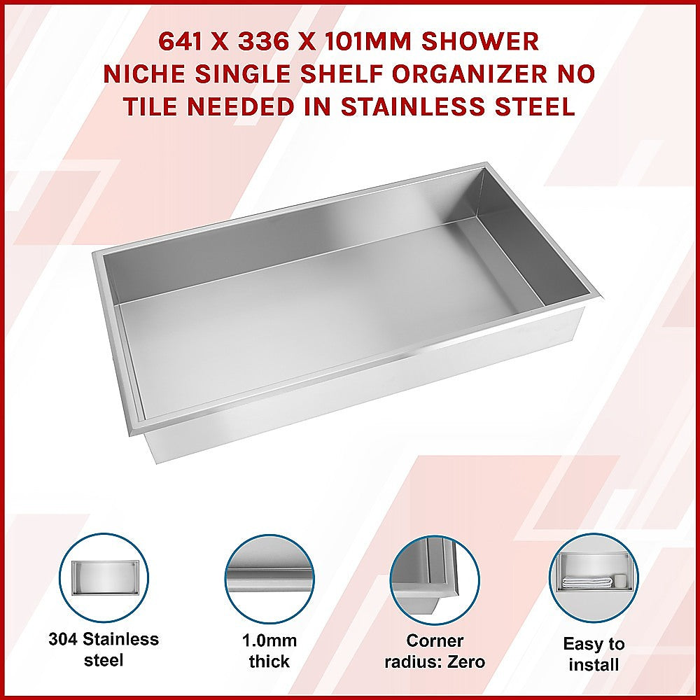 641 x 336 x 101mm Shower Niche Single Shelf Organizer No Tile Needed in Stainless Steel 3