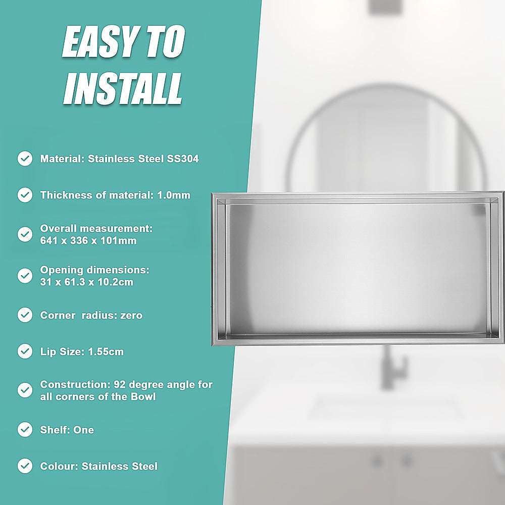 641 x 336 x 101mm Shower Niche Single Shelf Organizer No Tile Needed in Stainless Steel 9