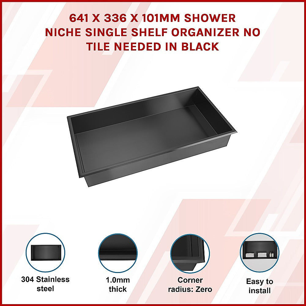 641 x 336 x 101mm Shower Niche Single Shelf Organizer No Tile Needed in Black 3