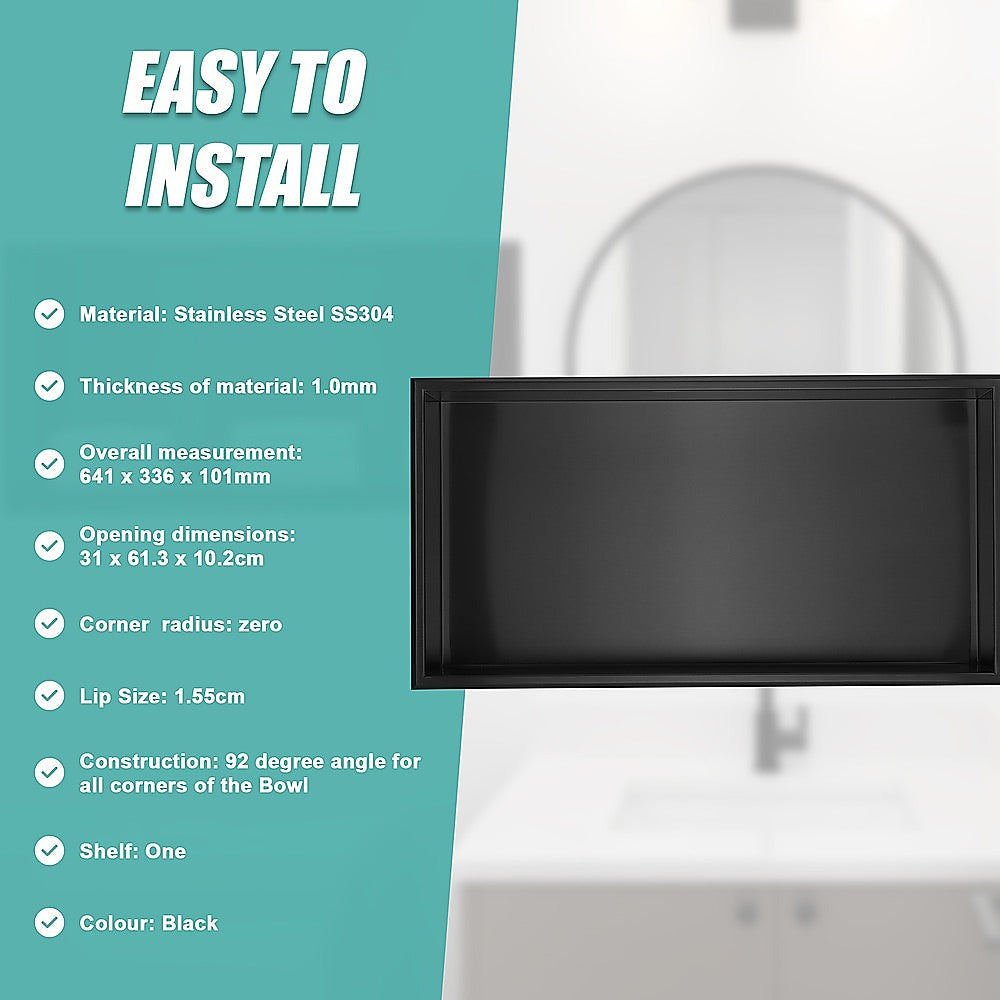 641 x 336 x 101mm Shower Niche Single Shelf Organizer No Tile Needed in Black 9