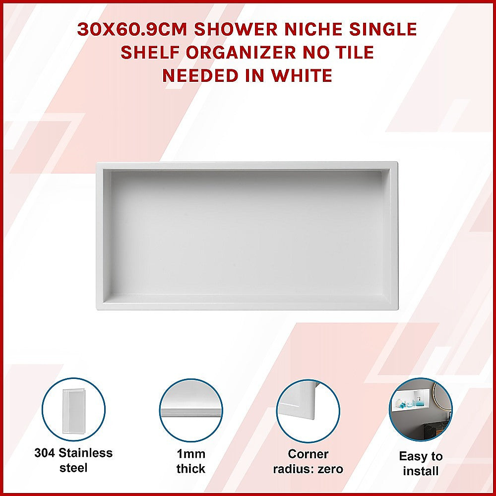 641 x 336 x 101mm Shower Niche Single Shelf Organizer No Tile Needed in White 3
