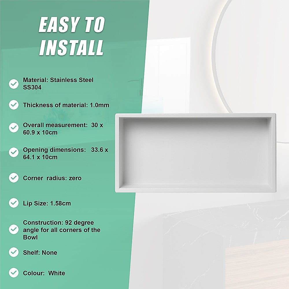 641 x 336 x 101mm Shower Niche Single Shelf Organizer No Tile Needed in White 12