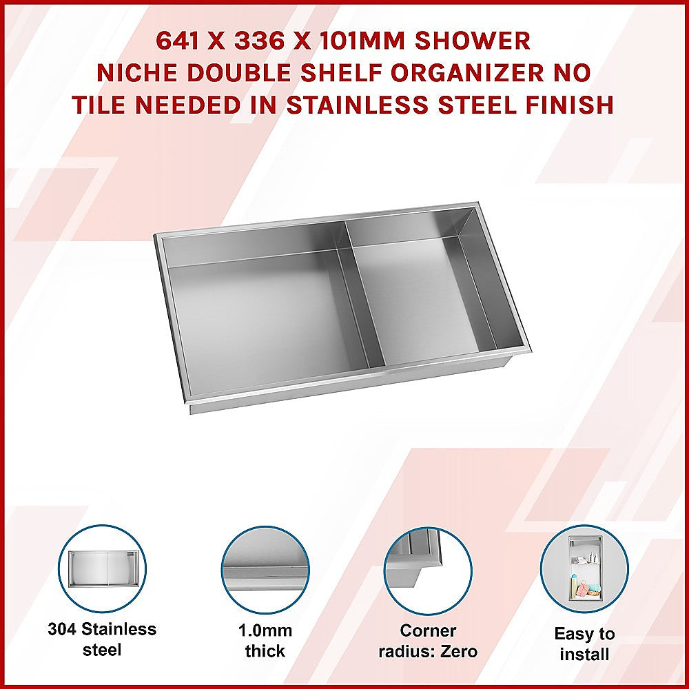 641 x 336 x 101mm Shower Niche Double Shelf Organizer No Tile Needed in Stainless Steel Finish 3