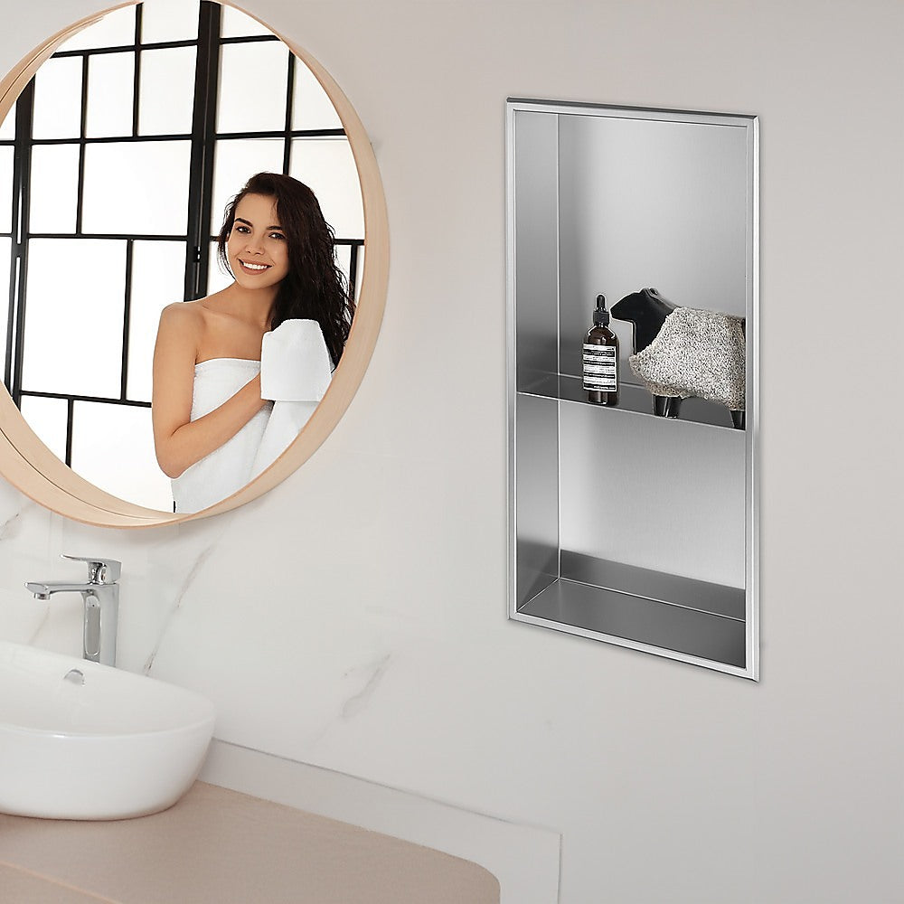 641 x 336 x 101mm Shower Niche Double Shelf Organizer No Tile Needed in Stainless Steel Finish 5