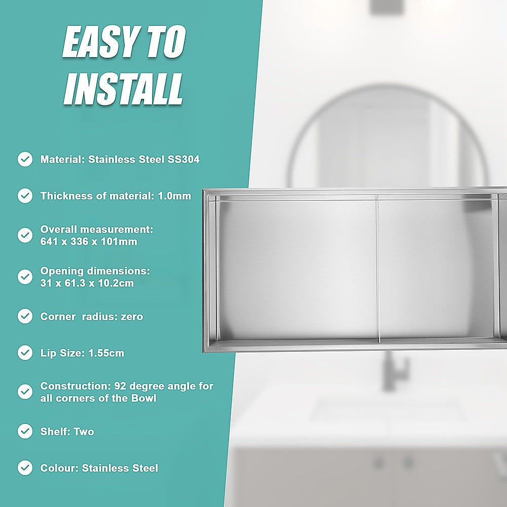 641 x 336 x 101mm Shower Niche Double Shelf Organizer No Tile Needed in Stainless Steel Finish 9