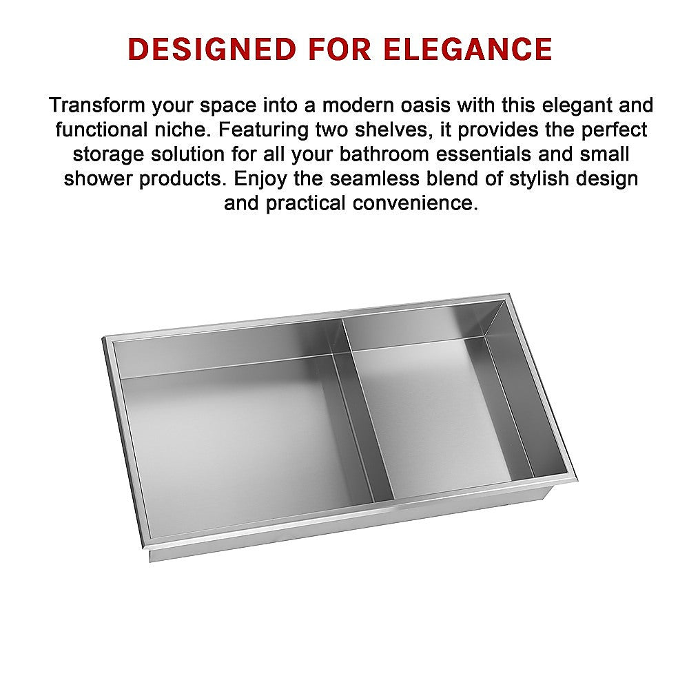 641 x 336 x 101mm Shower Niche Double Shelf Organizer No Tile Needed in Stainless Steel Finish 10