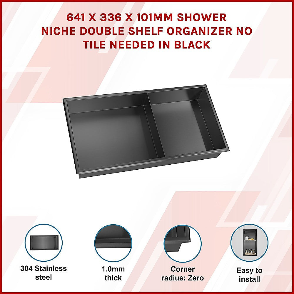 641 x 336 x 101mm Shower Niche Double Shelf Organizer No Tile Needed in Black 3