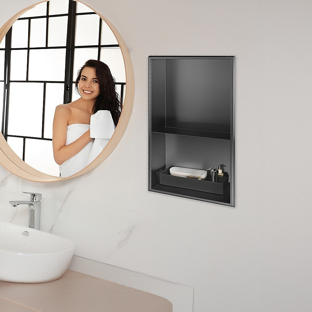 641 x 336 x 101mm Shower Niche Double Shelf Organizer No Tile Needed in Black 5