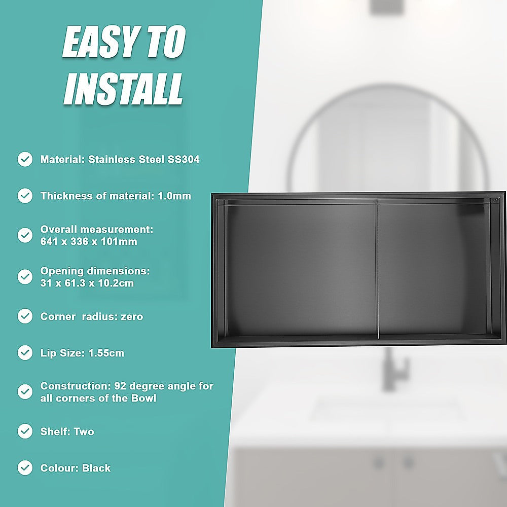 641 x 336 x 101mm Shower Niche Double Shelf Organizer No Tile Needed in Black 9