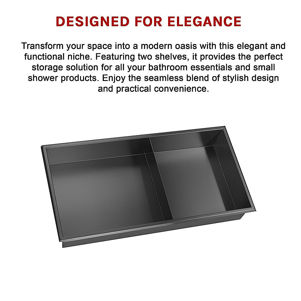 641 x 336 x 101mm Shower Niche Double Shelf Organizer No Tile Needed in Black 10