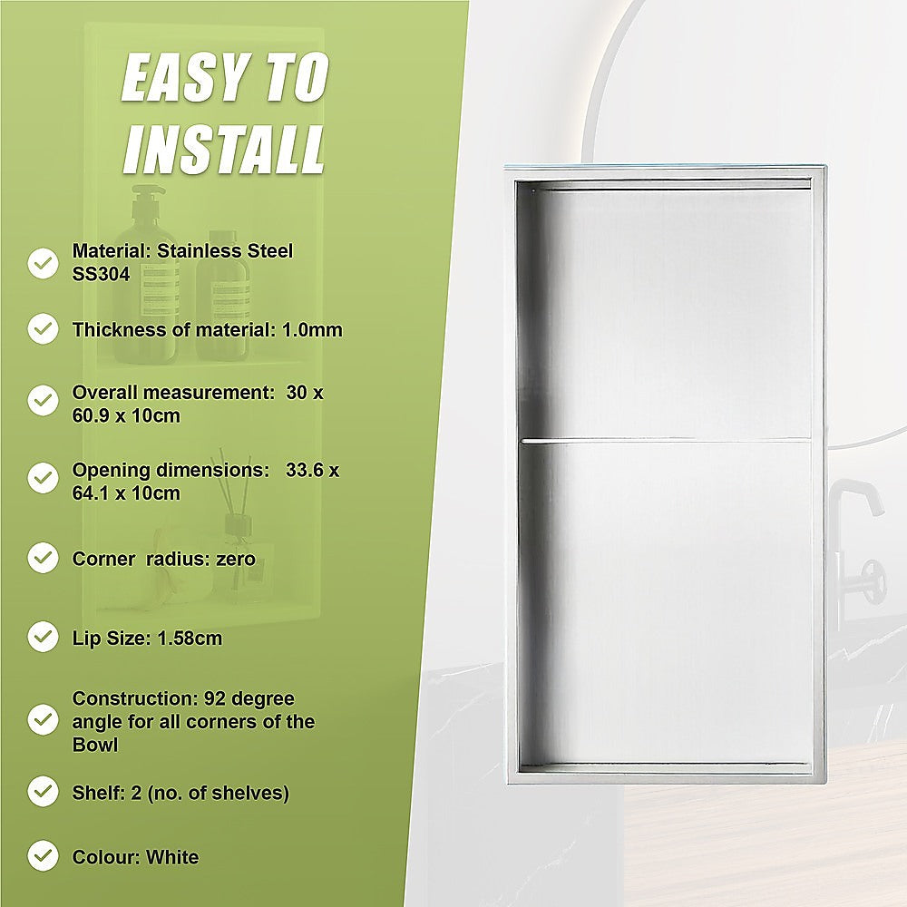 641 x 336 x 101mm Shower Niche Double Shelf Organizer No Tile Needed in White 10