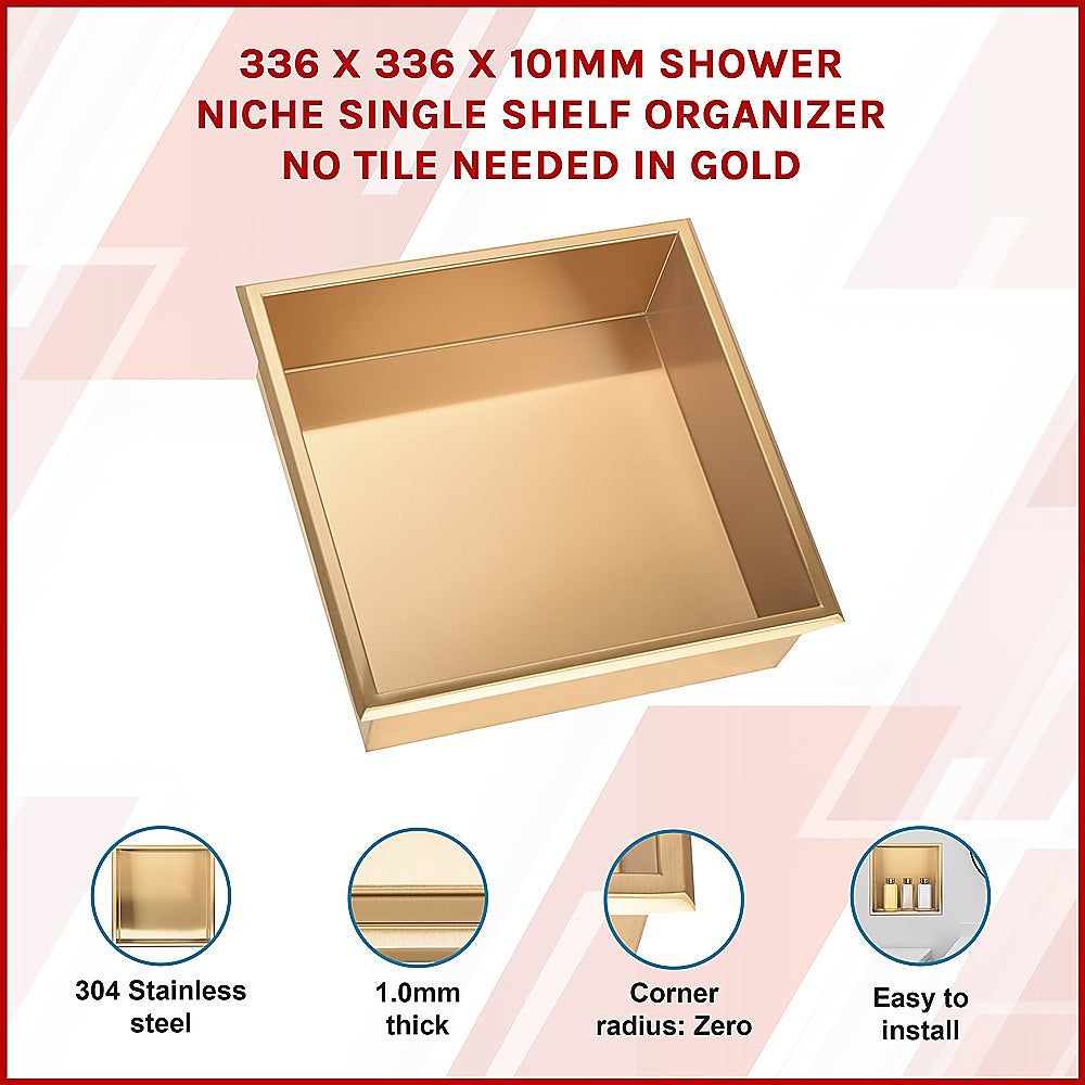 336 x 336 x 101mm Shower Niche Single Shelf Organizer No Tile Needed in Gold 3