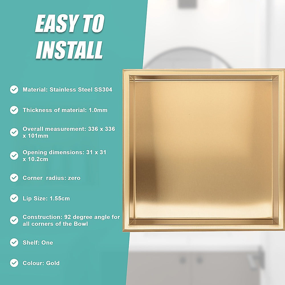 336 x 336 x 101mm Shower Niche Single Shelf Organizer No Tile Needed in Gold 9