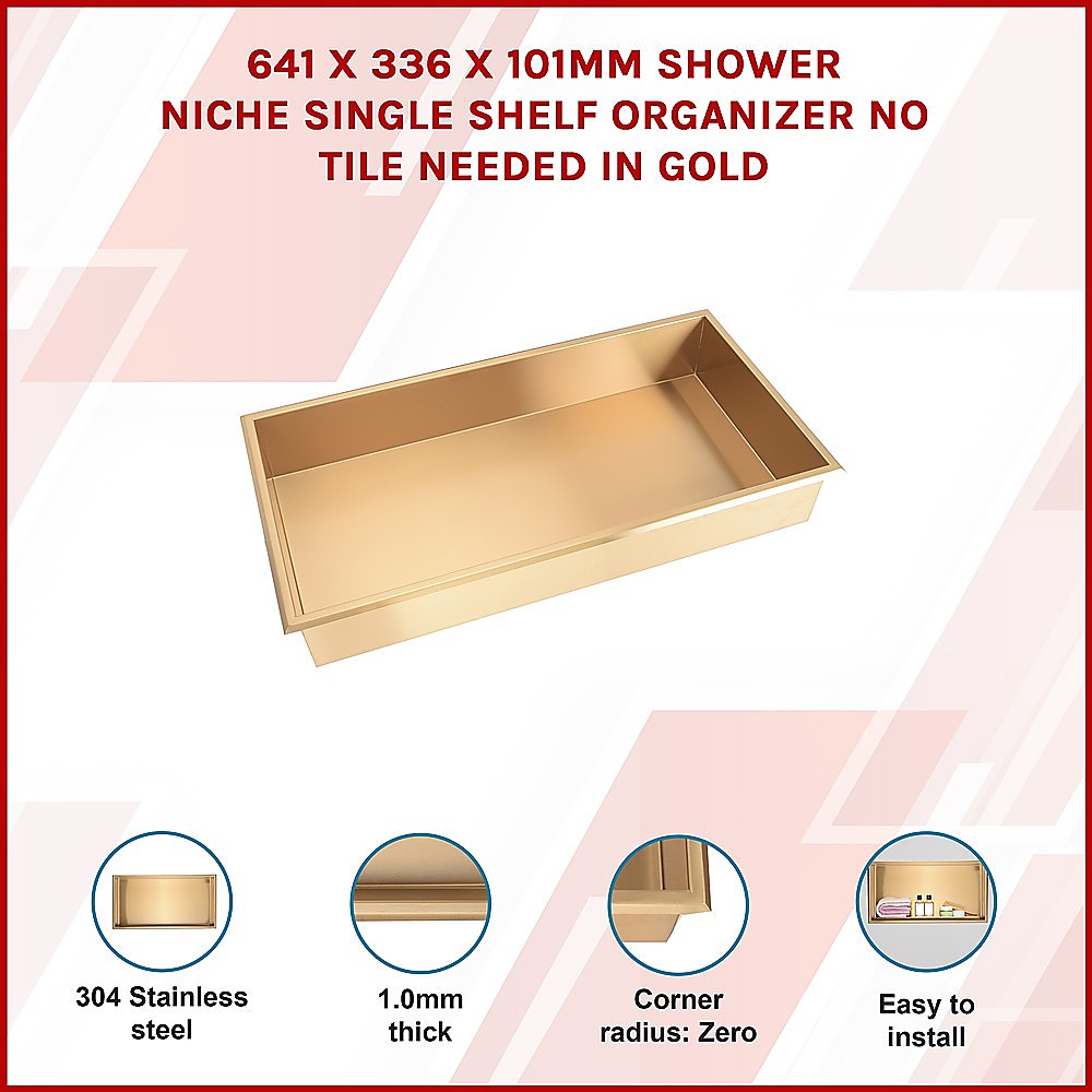 641 x 336 x 101mm Shower Niche Single Shelf Organizer No Tile Needed in Gold 3
