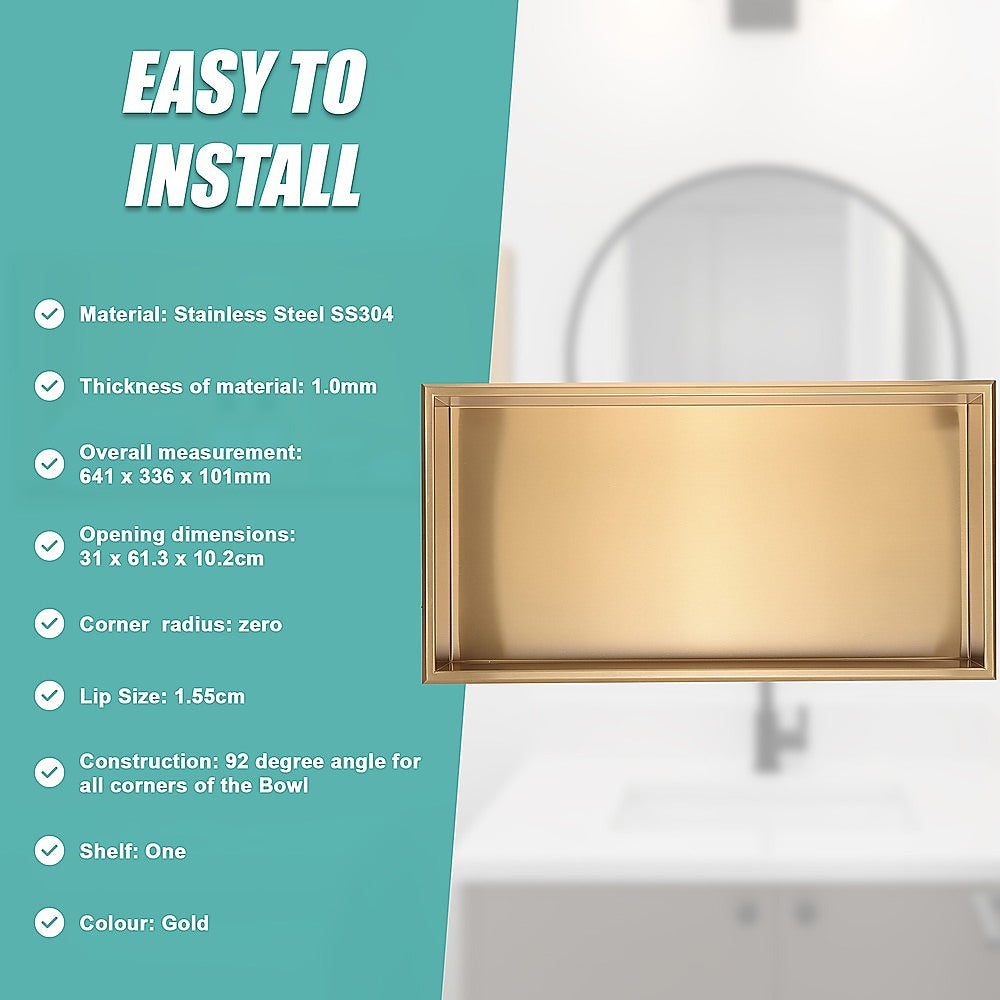 641 x 336 x 101mm Shower Niche Single Shelf Organizer No Tile Needed in Gold 9