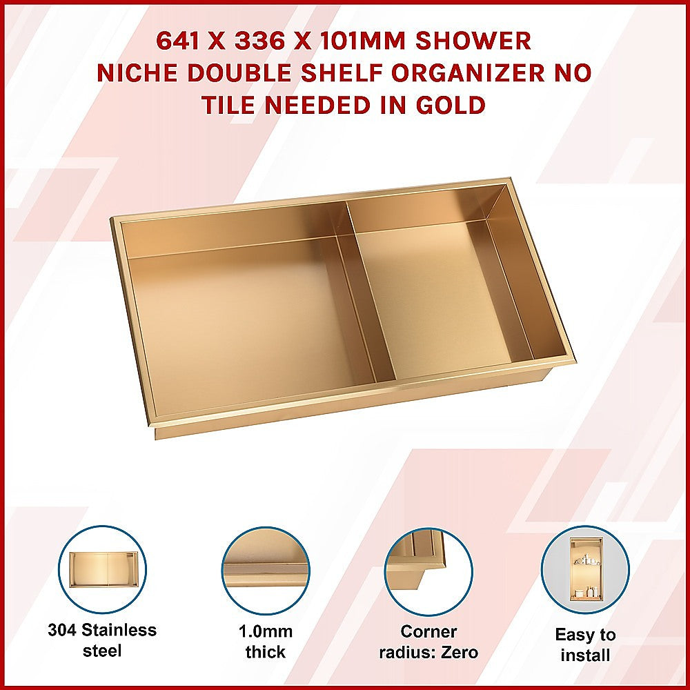 641 x 336 x 101mm Shower Niche Double Shelf Organizer No Tile Needed in Gold 3