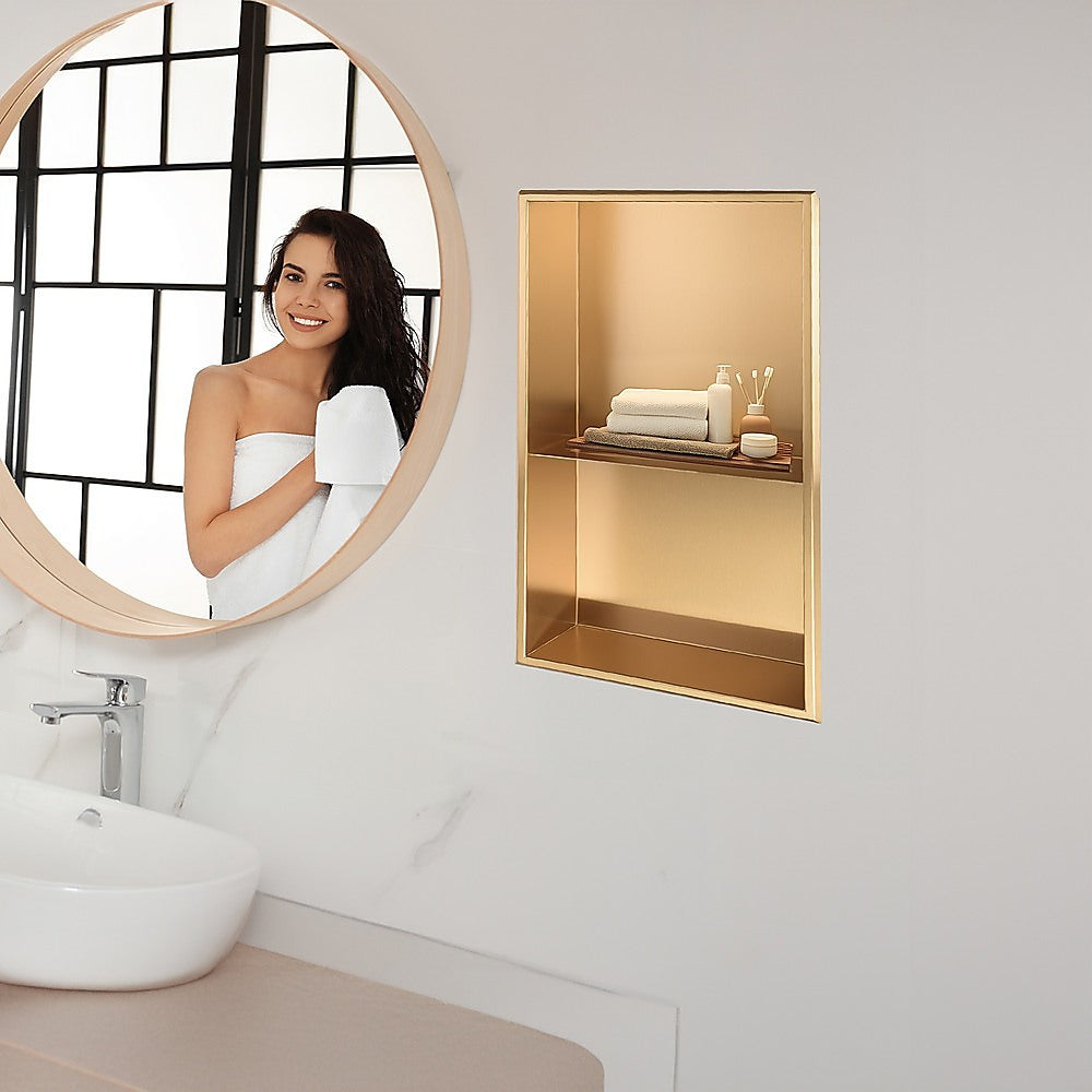 641 x 336 x 101mm Shower Niche Double Shelf Organizer No Tile Needed in Gold 5