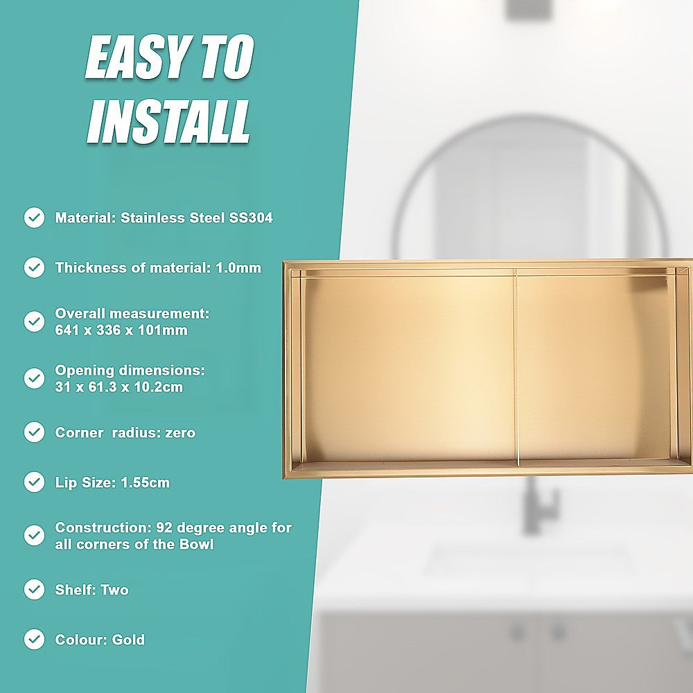 641 x 336 x 101mm Shower Niche Double Shelf Organizer No Tile Needed in Gold 9