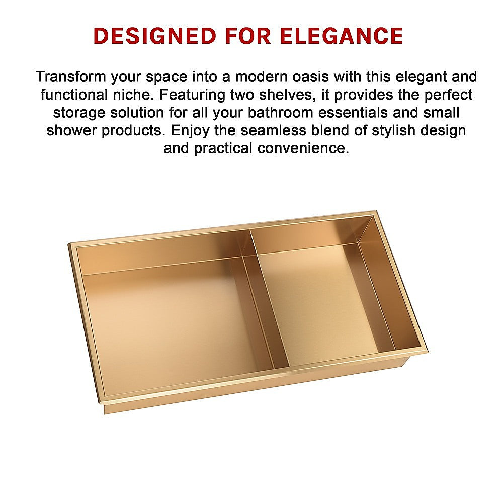 641 x 336 x 101mm Shower Niche Double Shelf Organizer No Tile Needed in Gold 10