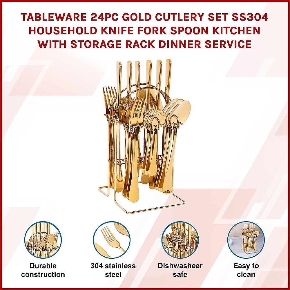 Tableware 24PC Gold Cutlery Set SS304 Household Knife Fork Spoon Kitchen with Storage Rack Dinner Service 3