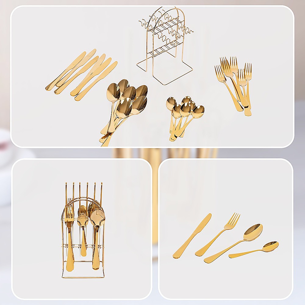 Tableware 24PC Gold Cutlery Set SS304 Household Knife Fork Spoon Kitchen with Storage Rack Dinner Service 8
