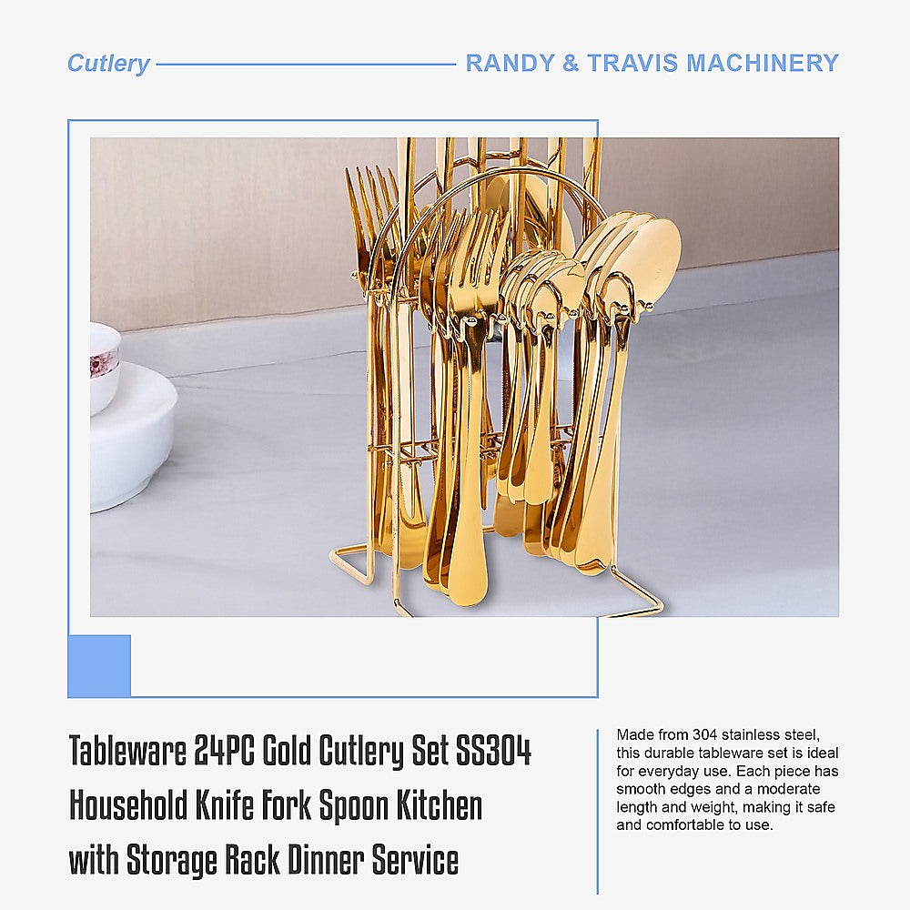 Tableware 24PC Gold Cutlery Set SS304 Household Knife Fork Spoon Kitchen with Storage Rack Dinner Service 9