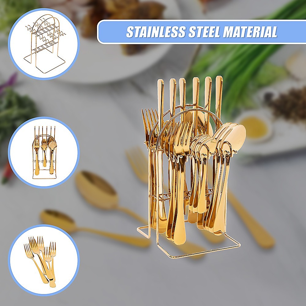 Tableware 24PC Gold Cutlery Set SS304 Household Knife Fork Spoon Kitchen with Storage Rack Dinner Service 10