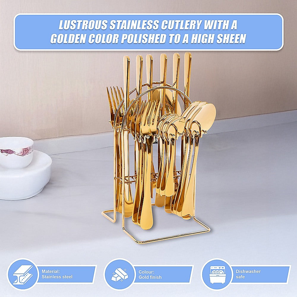 Tableware 24PC Gold Cutlery Set SS304 Household Knife Fork Spoon Kitchen with Storage Rack Dinner Service 11