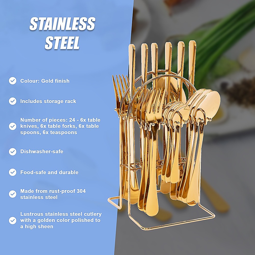 Tableware 24PC Gold Cutlery Set SS304 Household Knife Fork Spoon Kitchen with Storage Rack Dinner Service 12