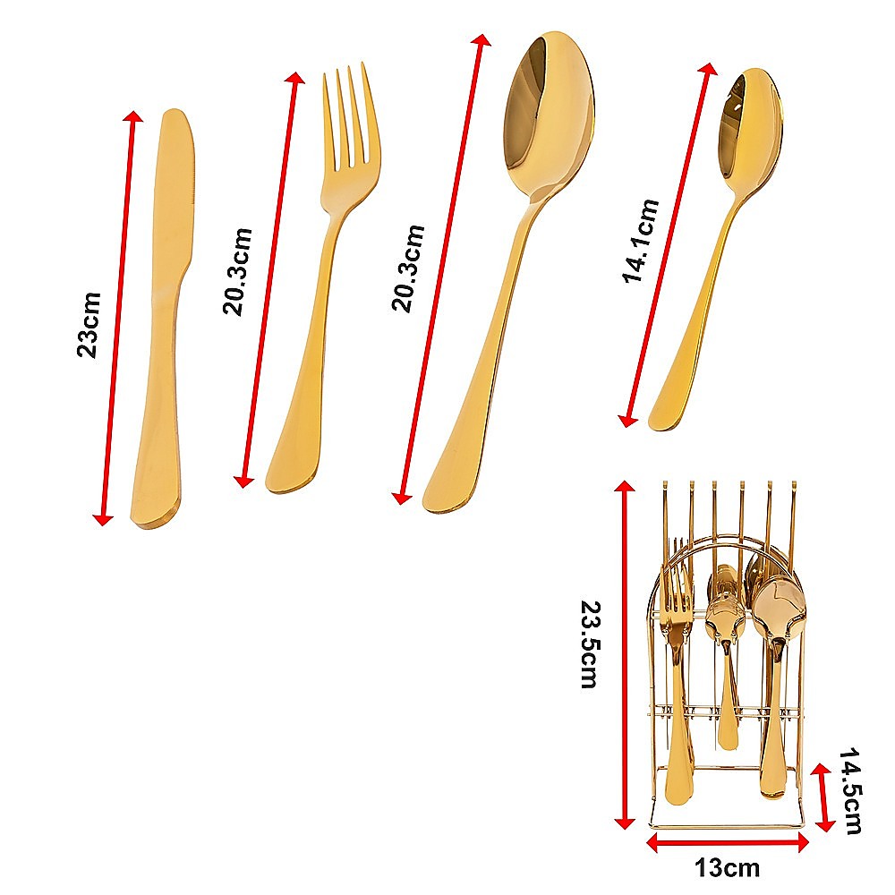 Tableware 24PC Gold Cutlery Set SS304 Household Knife Fork Spoon Kitchen with Storage Rack Dinner Service 14
