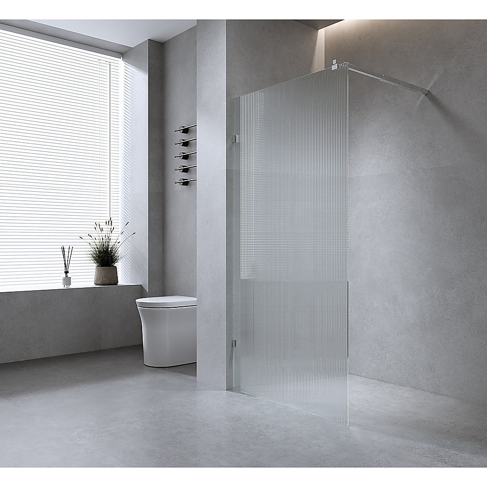 90cm Reeded Glass Shower Screen with White Wall F-Brackets 3