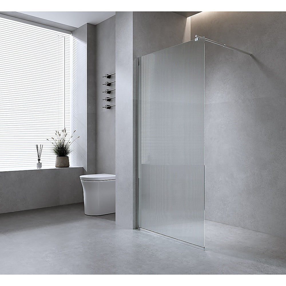 90cm Reeded Glass Shower Screen with Gunmetal Wall Channel