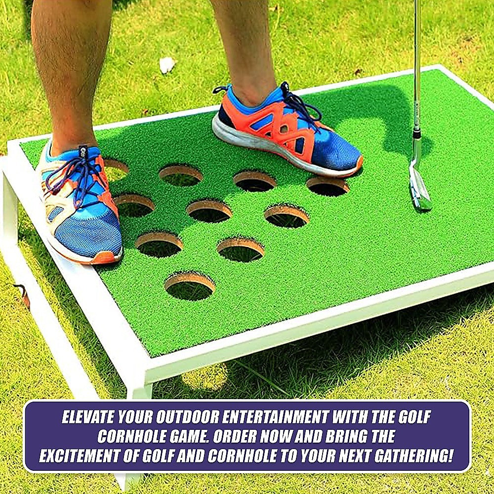 Golf Cornhole Game With Chipping Mats, Golf Balls, Putters 12