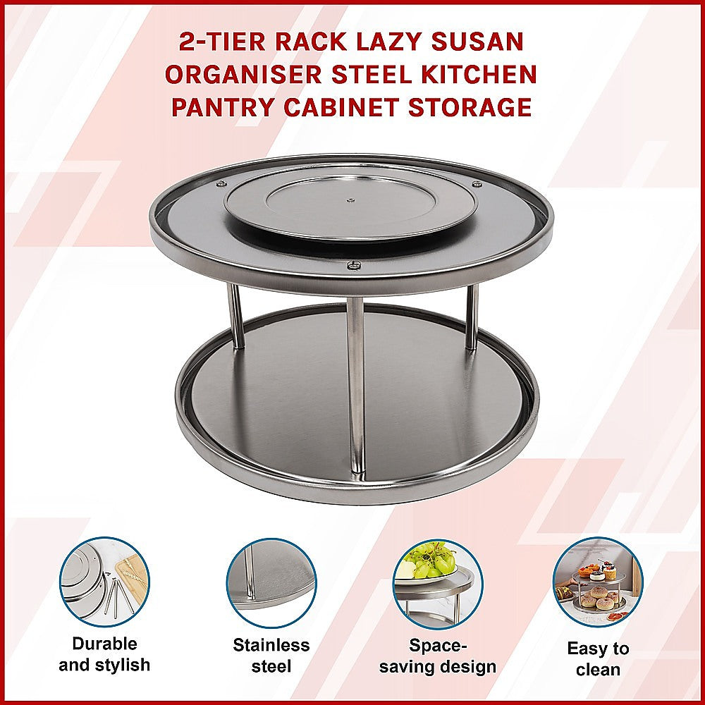 2-Tier Rack Lazy Susan Organiser Steel Kitchen Pantry Cabinet Storage 3