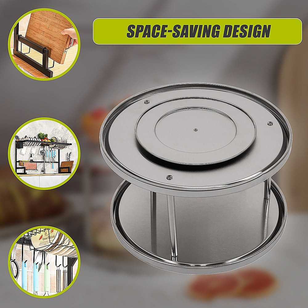 2-Tier Rack Lazy Susan Organiser Steel Kitchen Pantry Cabinet Storage 10